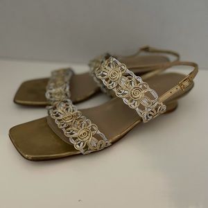 Stuart Weitzman Finally Leather Gold/Silver Floral Sandals, Size 8.5 4A, GUC.